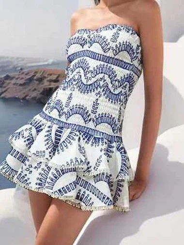 Azul - Mini vestido sem alças com estampa branca