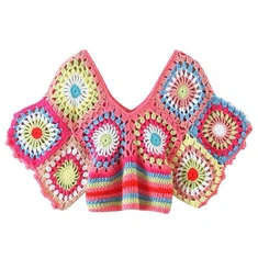 Crochê de cor brilhante V - Top de colheita no pescoço